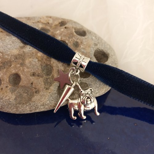 Bracelet bleu marine - bijou en ruban de velours, breloque chien/ chat