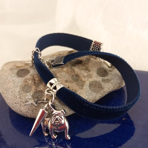 Bracelet bleu marine - bijou en ruban de velours, breloque chien/ chat - personnalisé