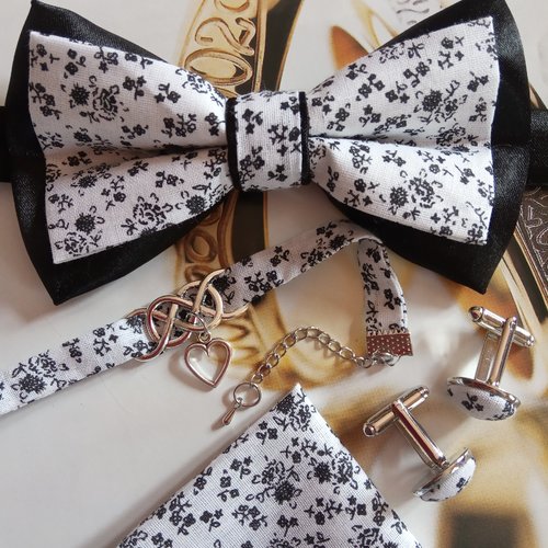 Noeud papillon bis-ton adulte, enfant, pochette costume, boutons de manchettes, bracelets tissu noir et blanc fleurs liberty - mariage