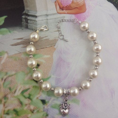 Bracelets en perles et pendentif coeur - mariée, mariage, cortège, demoiselles d'honneur - personnalisable