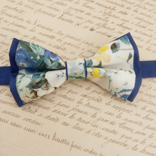 Noeud papillon double bleu à fleurs - mariage, cérémonie