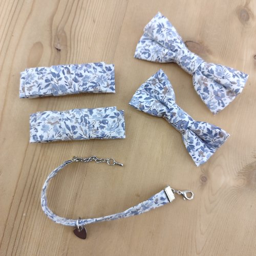 Barrette noeud papillon liberty bleu - accessoire cheveux, bracelet assorti
