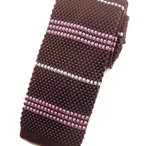 Cravate tricot marron à rayures blanches et roses - accessoire mariage / idée cadeau