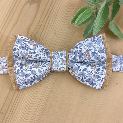 Noeud papillon liège et tissu liberty hannah bleu et brun - adulte, enfant, bébé, boutons de manchette fleurs liberty - mariage
