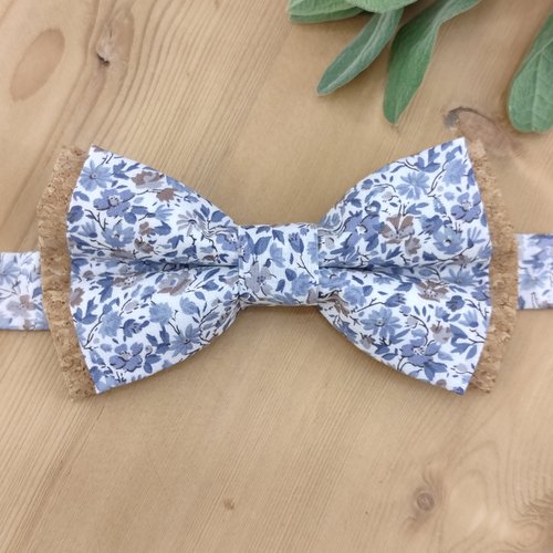 Noeud papillon en liège et tissu petites fleurs bleues - adulte, enfant, bébé, boutons de manchette fleurs liberty - mariage