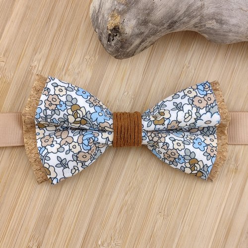 Noeud papillon en liège et tissu bleu et camel à fleurs - adulte, enfant, bébé, boutons de manchette fleurs liberty - mariage