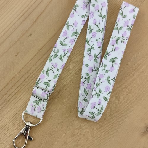 Dragonne réglable tissu liberty petites fleurs parmes - tour de cou, cordon téléphone, porte clés badge infirmière, soignant