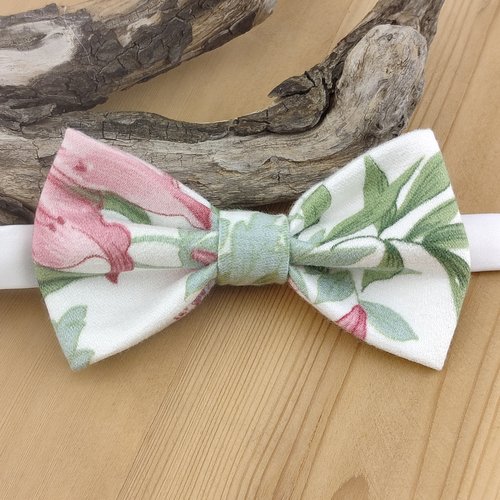Noeud papillon rose et vert à fleurs en satin de coton - accessoire homme, mariage, cérémonie, fête, anniversaire, idée cadeau