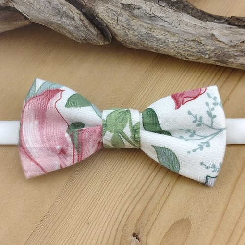 Noeud papillon enfant rose et vert à fleurs en satin de coton - accessoire, mariage, cérémonie, fête, anniversaire