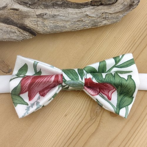 Noeud papillon fleurs vieux rose et vert en satin de coton - accessoire homme floral, mariage, cérémonie, fête, anniversaire, cadeau
