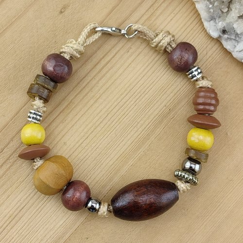 Bracelet bohème perles bois monté sur corde - pièce unique