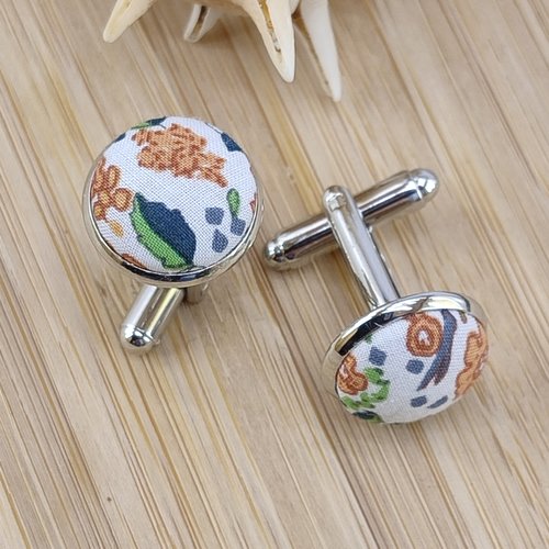 Boutons de manchette tissu liberty terracotta et vert -  accessoire de chemise mariage, cérémonie, cadeau