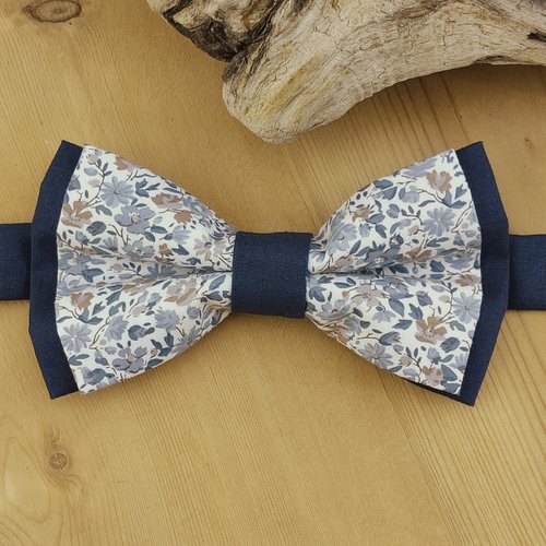 Noeud papillon tissu liberty hannah bleu et brun et coton uni - homme, enfant, bébé, boutons de manchette fleurs - mariage