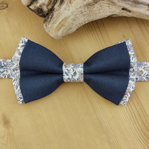 Noeud papillon coton uni et liberty hannah bleu et brun - homme, enfant, bébé, boutons de manchette fleurs - mariage