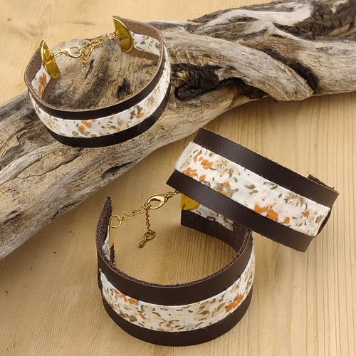 Bracelets manchette en cuir et tissu liberty terracotta - finition dorée