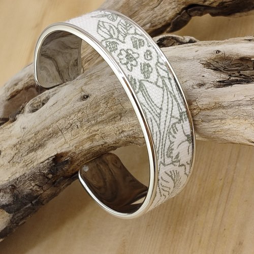 Bracelet manchette en laiton et tissu liberty sauge - jonc doré ou argenté - cadeau femme, bijou fantaisie anniversaire