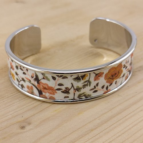Bracelet manchette en laiton et tissu liberty orange brûlée - jonc doré ou argenté - cadeau femme, bijou fantaisie anniversaire