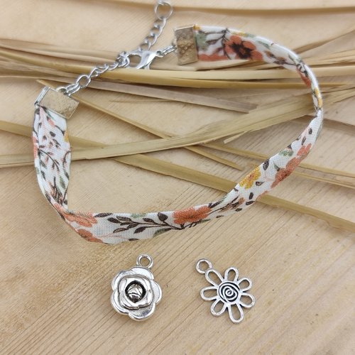 Bracelets tissu liberty orange brûlée - bijou avec ou sans pendentif fleur - porte-clé assorti
