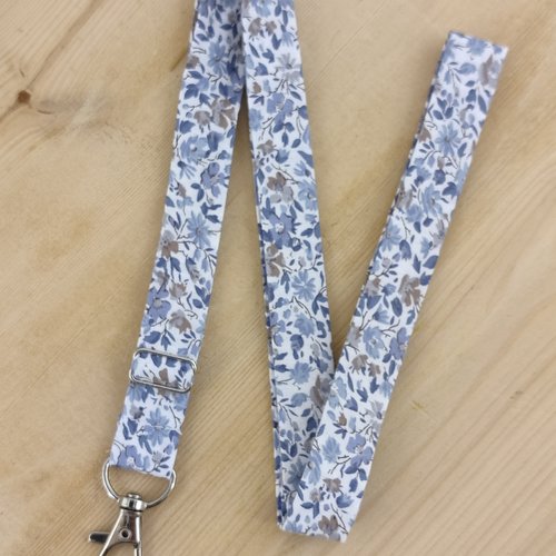 Dragonne réglable tissu liberty fleurs bleu et brun - tour de cou, cordon téléphone, porte clés badge infirmière, soignant