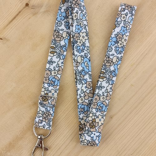 Dragonne réglable tissu liberty fleurs bleu et camel - tour de cou, cordon téléphone, porte clés badge infirmière, soignant