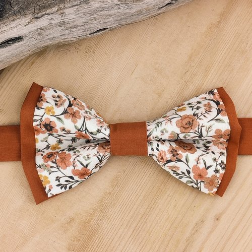 Noeud papillon terracotta et fleurs liberty orange brûlée, homme / enfant / bébé - pochette de costume - mariage, baptême, cérémonie