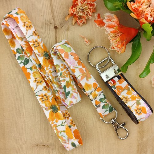 Dragonne réglable tissu fleurs sakura orange - tour de cou, cordon téléphone, porte clés badge infirmière, étudiant, collégien