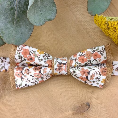 Noeud papillon en liège et tissu liberty orange brûlée - adulte/enfant/bébé - pochette costume - boutons de manchette - mariage