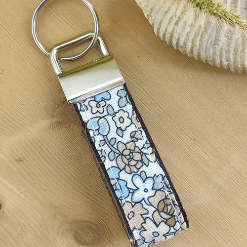 Porte clés cuir et tissu fleurs bleue et camel - lanière cadeau noël, maîtresse, anniversaire, fête mères, pères, papa, grand-pèr