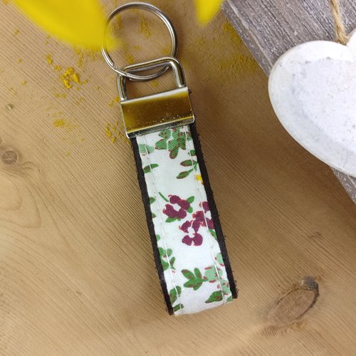 Porte clés cuir et tissu à fleurs - lanière cadeau noël, maîtresse, anniversaire, fête mères, pères, papa, grand-pèr