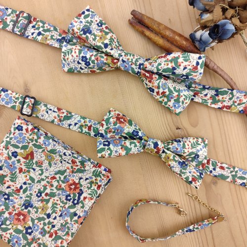 Noeud papillon double fleuri bleu, terracotta et vert - homme / enfant /bébé - bts de manchette, pochette, bracelet - mariage, baptêm