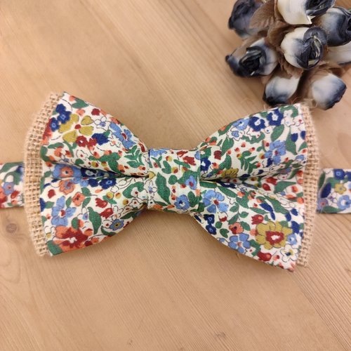 Noeud papillon bleu, terracotta et vert et toile de jute - homme / enfant /bébé - bts manchette, pochette, bracelet - mariage, bapt