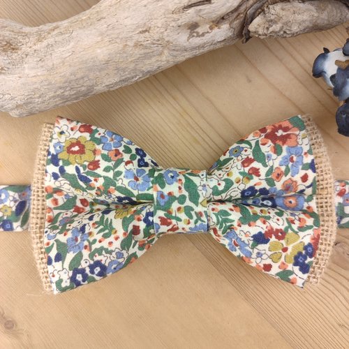 Noeud papillon bleu, terracotta et vert et toile de jute - homme / enfant /bébé - bts manchette, pochette, bracelet - mariage, bapt