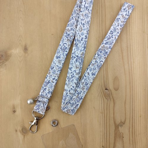 Cordon téléphone liberty fleurs bleu et brun - tour de cou, dragonne, lanière, corde tissu pour portable, porte clés badge