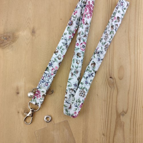Cordon téléphone fleuri rose et vert sauge - tour de cou, dragonne, lanière, corde tissu pour portable, porte clés badge, cadeau