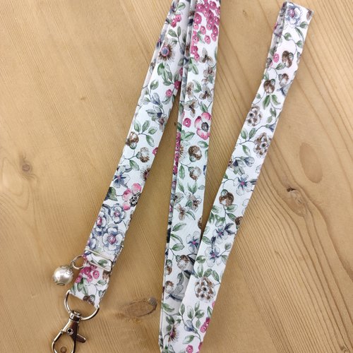 Cordon tissu fleuri rose et vert sauge - tour de cou, dragonne, lanière, corde, cordon téléphone portable, porte clés badge, cadeau