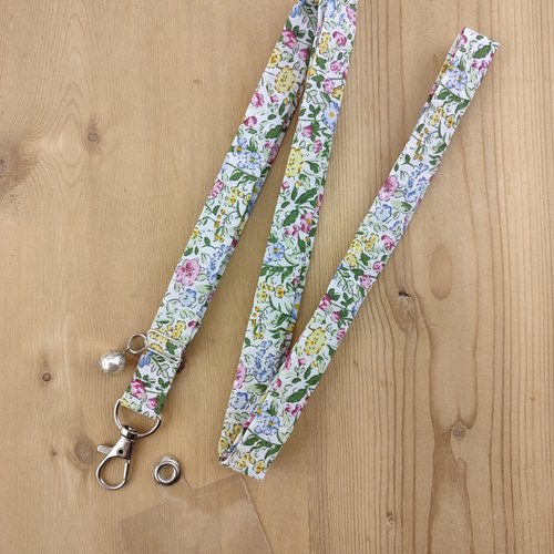 Cordon téléphone tissu fleuri rose et vert sauge - tour de cou, dragonne, lanière pour portable, porte clés badge, idée cadeau