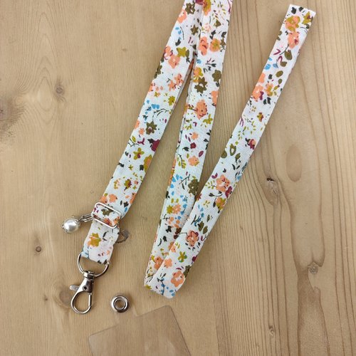 Cordon téléphone tissu beige fleuri orangé - tour de cou, dragonne, lien, corde tissu pour portable, porte clés badge, cadeau