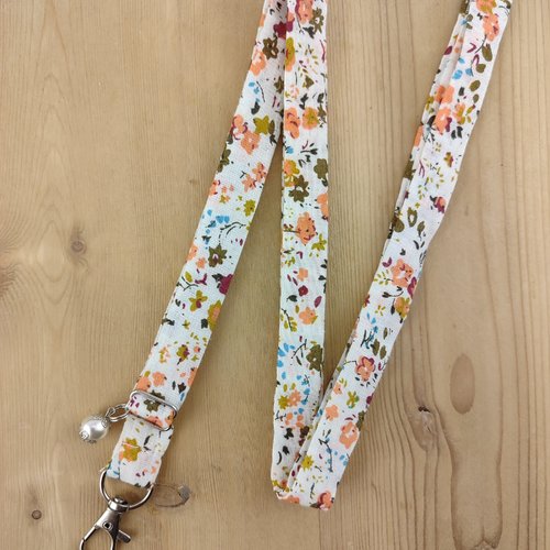 Cordon téléphone tissu beige fleuri orangé - tour de cou, dragonne, lien, corde tissu pour portable, porte clés badge, cadeau