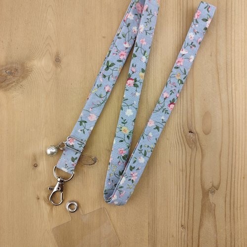 Cordon téléphone en tissu bleu à fleurs - tour de cou, dragonne, lanière, corde, lien portable, porte clés badge, cadeau