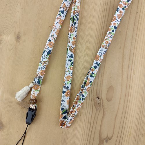 Cordon téléphone liberty terracotta avec clip - tour de cou, dragonne, lanière, corde tissu pour portable, porte clés badge, cadeau