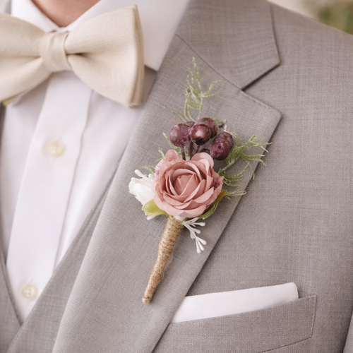 Boutonnière fleurs vieux rose et ivoire pour homme - accessoire mariage, épinglette homme pour costume de cérémonie