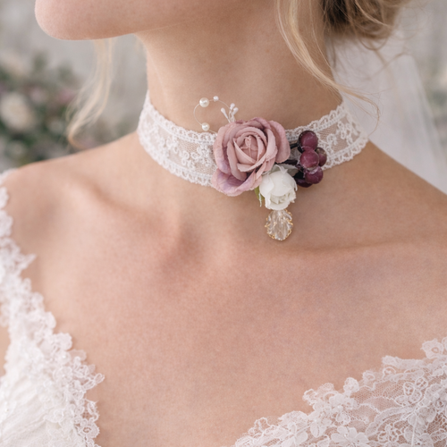 Collier et/ou bracelet dentelle avec fleur vieux rose - bijoux pour mariée - accessoire mariage ras du cou, bracelet manchette