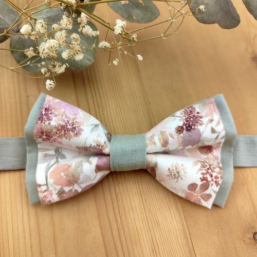 Nœud papillon double vert sauge et fleurs rose poudré - homme / enfant /bébé - bts de manchette, pochette - mariage, baptêm