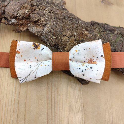 Noeud papillon bois et tissu motif fleuri terracotta - personnalisable - accessoire floral homme - mariage, cérémonie, soirée