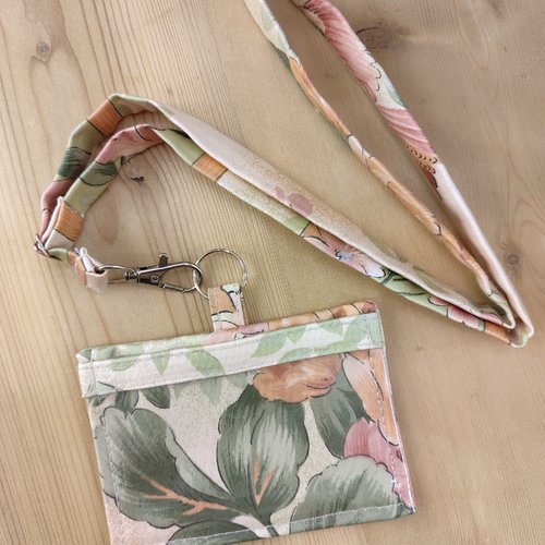 Etui porte badge avec/sans tour de cou, floral pêche, vert, vieux rose - protection carte de visite professionnelle, infirmière
