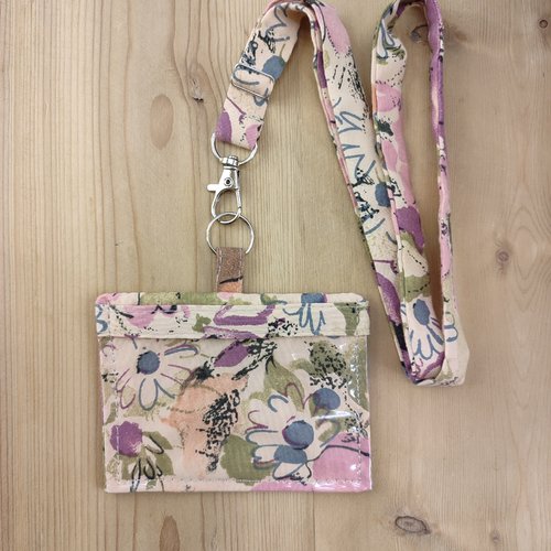Etui porte badge avec/sans tour de cou, floral abricot, vert, violet - protection carte de visite professionnelle, infirmière