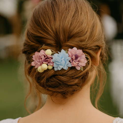 Peigne fleuri cérémonie rose et bleu - accessoire de cheveux mariage, mariée, demoiselle d'honneur, cortège - coiffe femme bohème