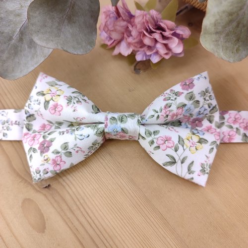Nœud papillon cérémonie fleurs rose, bleu et vert sauge - homme/enfant /bébé - bts de manchette, pochette - accessoire marié