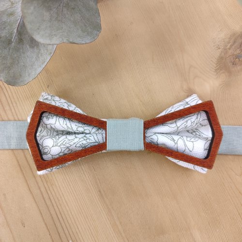Noeud papillon en bois et tissu vert à motifs végétaux - accessoire mariage, cérémonie, communion, baptême, fête...