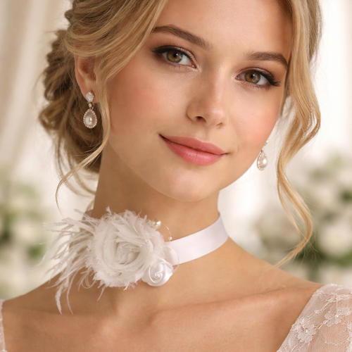Collier et/ou bracelet ruban blanc avec fleurs tissu et plumes - bijoux pour mariée - accessoire mariage ras du cou, bracelet manchette